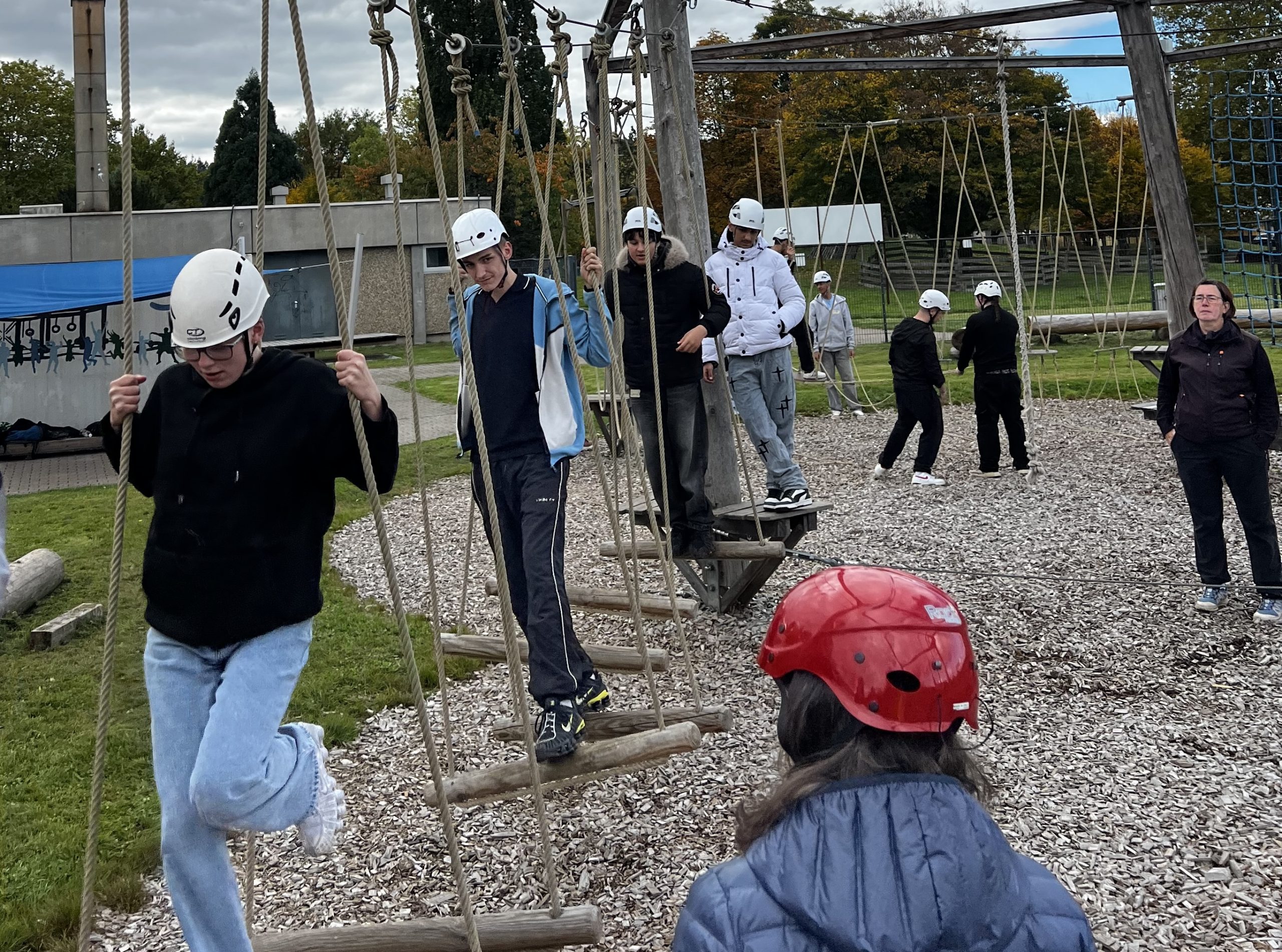 Schüler klettern auf einem Niedrigseilparcours