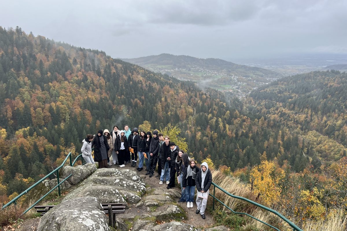 Eine Gruppe von Schülern an einem Aussichtsfelsen mit Berglandschaft